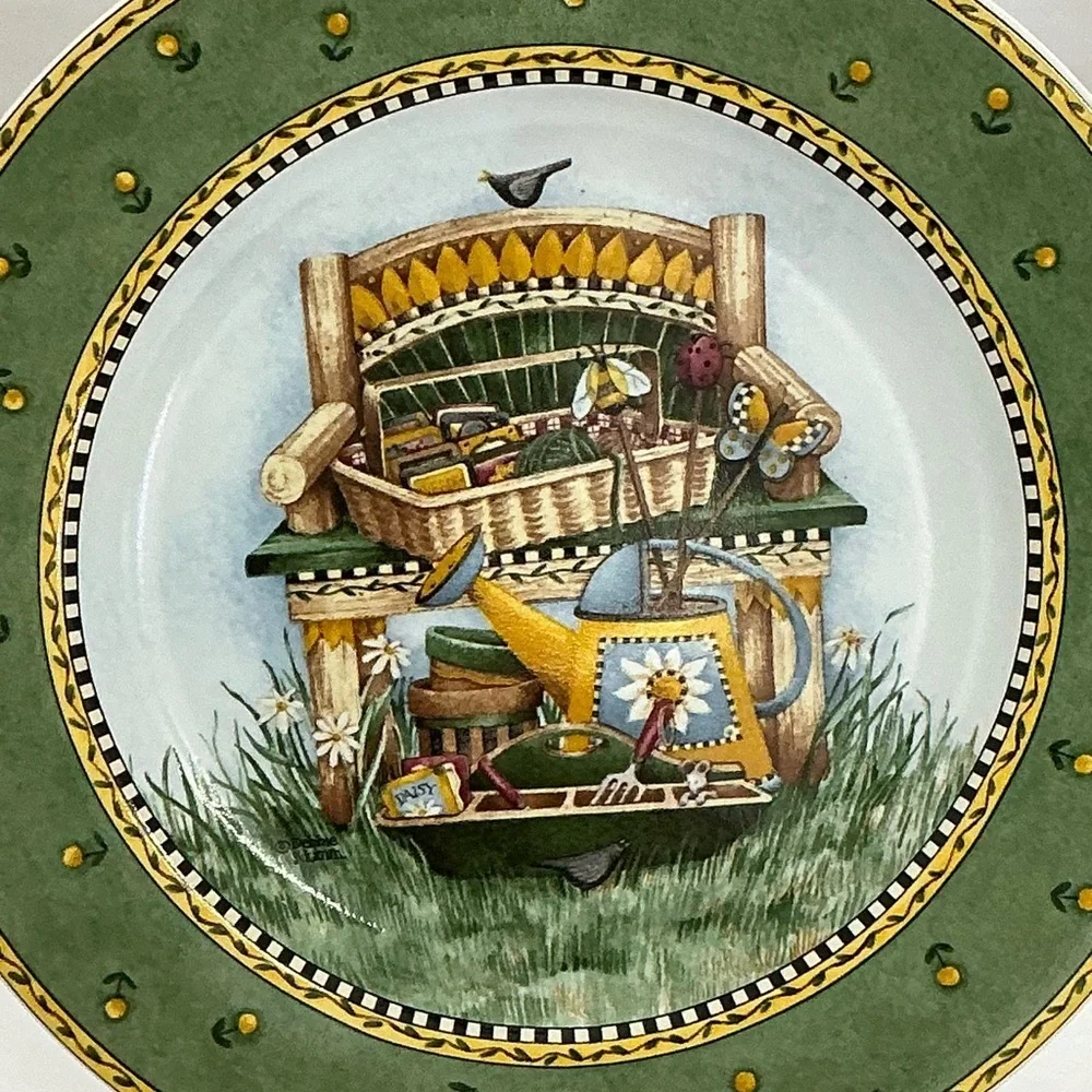 Vintage Debbie Mumm Plate Gardening Scene Green Yellow 8” Collectible 1999